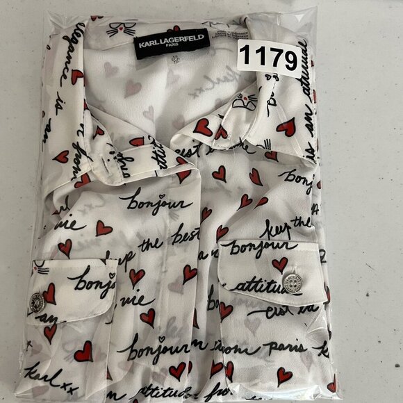 Karl Lagerfeld Paris XS White Blouse Red Heart Script Button Up Roll Tab Sleeve - Picture 16 of 16